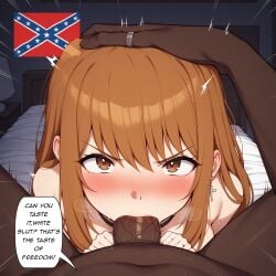 ai_generated angry angry_expression bed bedroom big_breasts big_penis black_choker black_penis blowjob brown_hair confederate_flag cross_earrings dark-skinned_male dark_skin deepthroat dialogue english_text full-face_blush headpat huff huffing indoors interracial irrumatio laying_on_bed light-skinned_female light_skin long_hair looking_at_viewer male/female movement_lines original_character penis_in_mouth pov pov_blowjob pov_eye_contact pov_male raceplay racism racist racist_woman speech_bubble v-shaped_eyebrows veiny_penis wedding_ring