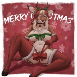 anthro anthro_female belly big_breasts big_butt big_nipples bun character_design christmas christmas_clothing christmas_outfit commission deer deer_ears deer_girl female female_only furry furry_female gift gigantic_breasts hairy_pussy hooves merry_christmas mumuffet open_legs original_character pink_eyes red_hair ribbon santa_costume thick_ass thick_thighs thighhighs thighs violet_eyes