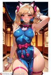 1girl adapted_costume ai_generated animal_ears arm_behind_head arm_up armpits artist_name bare_shoulders blizzard_entertainment blonde_hair blue_dress blush bow breasts brown_eyes carminroux cat_ears china_dress chinese_clothes covered_nipples cowboy_shot d.va d.va_(overwatch) dress earrings facial_mark fake_animal_ears hair_bow heart heart_earrings jewelry large_breasts lips long_hair looking_at_viewer medium_breasts night night_sky no_panties official_alternate_costume outdoors overwatch overwatch_2 parted_lips patreon_logo patreon_username pelvic_curtain pink_bow sideboob skindentation sleeveless sleeveless_dress smile solo standing thick_thighs thigh_strap thighs twintails web_address whisker_markings wide_hips wrist_cuffs