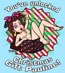 1girls blue_background boobs bow breasts brown_hair busty christmas christmas_present closed_eyes donkey_kong_(series) ear_piercing english_text eyeshadow feet female female_only human jewelry light-skinned_female light_skin lipstick long_hair mario_(series) mature mature_female mistletoe naked nintendo nipples nude nude_female pauline presents purple_eyeshadow red_lipstick ring solo solo_female solo_focus the_moss-man voluptuous voluptuous_female