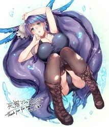 black_panties black_thighhighs blue_hair blush boots breasts cleavage commission earrings female fins head_fins highres jewelry large_breasts long_hair looking_at_viewer lying ningyo_hime_(sinoalice) on_back open_mouth panties partially_visible_vulva purple_hair sad second-party_source sidelocks sinoalice skeb_commission solo teroru thank_you thighhighs twintails underwear very_long_hair water white_headdress