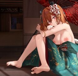 1girls 2022 :3 areolae arms bare_shoulders barefoot big_breasts black_toenails blush breasts breasts_out brown_hair curled_toes dress dress_down dress_lift exposed_breasts eyelashes feet female female_only flower_in_hair girls'_frontline hair_accessory hair_ribbon head_tilt highres holding_umbrella kimono kimono_down kimono_pull knees_together_feet_apart legs light-skinned_female light_skin looking_at_viewer magenta_eyes nipples no_bra no_shoes on_floor porch ru_zhai scar_across_eye sitting sitting_on_floor smug soles solo toenail_polish twintails umbrella ump9_(girls'_frontline) ump9_(wayfarer_of_the_profound)_(girls'_frontline)