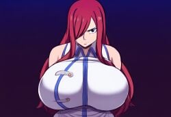 1girls ai_generated big_breasts breasts_bigger_than_head erza_scarlet fairy_tail female huge_breasts looking_at_viewer mullon novelai red_hair solo top_heavy