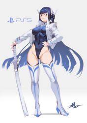 1girls black_hair blue_eyes breasts covered_navel female hand_on_hip headphones kill_la_kill kiryuuin_satsuki large_breasts leotard long_hair looking_at_viewer playstation playstation_5 sword thigh_boots thighs weapon wide_hips