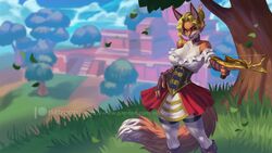 1girls 2020 alanscampos anthro background blonde_hair clothing crossbow female fox hilda_(realm_royale) patreon patreon_username realm_royale solo stockings tail the_huntress_(realm_royale)