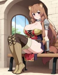 1girls ai_generated armor bench big_ass big_breasts cleavage collar cute huge_breasts legs_together pixai raphtalia sexy sitting smile solo tate_no_yuusha_no_nariagari tgm101_(artist) the_rising_of_the_shield_hero