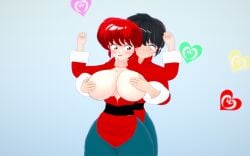 1boy 1girls black_hair braided_ponytail breast_grab dual_persona koikatsu ranma-chan ranma-kun ranma_1/2 ranma_saotome red_hair tagme