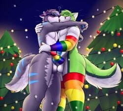 absurd_res anthro armwear balls balls_touching black_nose blue_body blue_fur blue_pawpads blue_paws blue_penis blush bulge canid canine canis christmas christmas_background christmas_decorations christmas_lights christmas_tree clothed clothing digital_media_(artwork) domestic_dog duo erection fidget_the_fox fox french_kissing fur genitals green_body green_fur grey_body grey_fur hair heart_symbol hi_res holidays husky kissing kyro_the_husky legwear lobito_jony making_love making_out male male/male mammal multicolored_armwear multicolored_clothing multicolored_legwear multicolored_penis multicolored_thigh_highs nordic_sled_dog open_mouth pawpads penis penis_touching plant rainbow_penis signature spitz thigh_highs tree