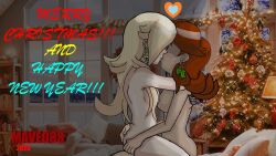 bed bedroom breast_press breasts christmas christmas_tree kissing mario_bros medium_breasts naked naked_female princess_daisy princess_rosalina sex super_mario_bros. yuri