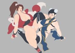 2girls black_hair brown_hair chun-li fatal_fury female_only king_of_fighters mai_shiranui street_fighter tagme voluptuous wip