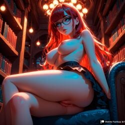 1girls ai_generated armchair bed bedroom blue_eyes crossed_legs exposed_breasts female female_focus glasses looking_at_viewer magic_academy magic_user magician medium_breasts naked naked_female nsfw original petite puffy_pussy pussy red_hair scarlet_(stblfantasy) seated sexually_suggestive shy solo sorceress spread_legs stable_diffusion stblfantasy table thick_ass thick_thighs underwear warm_lighting window window_light witch witch_costume witch_hat witchcraft young younger_female