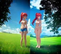 ai-generated ai_generated barefoot blue_eyes denim denim_shorts kasumi_(pokemon) non-web_source red_hair shorts