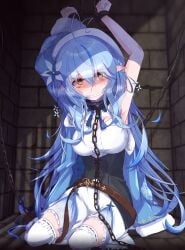 1girls ahoge armpits arms_above_head arms_up belt big_breasts black_corset blue_coat blue_hair blush bondage boots bound bound_ankles bound_wrists braid braided_hair breasts brown_belt brown_boots bruise bruised chain_leash chained chains cleavage cleavage_cutout cleave_gag cloth_gag coat collar corset crying crying_with_eyes_open cuffs dark_room dungeon elf elf_ears elf_female female female_focus female_only femsub flower_in_hair fully_clothed gag gagged hair_ornament hat heavy_breathing helpless hi_res high_resolution highres hololive hololive_gen_5 hololive_japan indoors jail_cell kidnapped kneeling large_breasts leash light-skinned_female long_hair looking_at_viewer menou_74 nervous_sweat opening_door pointy_ears restrained restrained_arms restrained_legs saliva scared scared_expression shackles shirt skirt solo solo_focus sweat sweating tears thick_thighs thighhighs thighs two-tone_hair virtual_youtuber white_hat white_shirt white_skirt white_thighhighs worried worried_expression yellow_eyes yukihana_lamy zettai_ryouiki