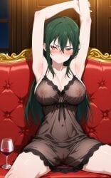 ai_generated alcohol amber_eyes armpits arms_above_head belly belly_button blush breasts cleft_of_venus crusch_karsten drinking drunk drunk_female green_hair horny innie_pussy large_breasts legs_apart mature_female milf navel nightgown nipples partially_clothed presenting presenting_breasts presenting_pussy pussy re:zero_kara_hajimeru_isekai_seikatsu serious serious_look sheer sitting stretching thighs wasted wine wine_glass