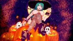 3d 3d_(artwork) big_breasts breasts date_a_live dr_xidan green_eyes green_hair halloween halloween_theme koikatsu kyouno_natsumi light-skinned_female long_hair naked naked_female nipples pink_nipples pumpkin solo solo_female thighs witch witch_hat