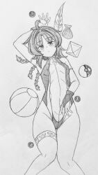 1girls arm_behind_head barely_clothed beach_ball belly belly_button blush clam_shell erect_nipples female female_only fit_female galaxy_gals gloves highleg_leotard huntress_terun light_skin looking_at_viewer neutral_expression nipple_bulge nyanko_daisensou on_back pencil_(artwork) pokeball pokemon swimsuit teenager the_6th_angel_ramiel the_battle_cats thigh_strap thighs