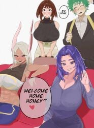 1boy 3girls abs brown_hair dark-skinned_female green_hair harem heterosexual huge_breasts husband_and_wife husband_and_wives izuku_midoriya kaina_tsutsumi lady_nagant large_breasts light-skinned_female light-skinned_male long_hair mirko miruko my_hero_academia nyan_somoe ochako_uraraka polyamory purple_hair rabbit_ears rabbit_girl rumi_usagiyama scar short_hair straight sweater wedding_ring white_hair