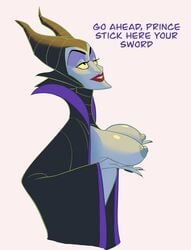 1girls big_breasts breast_hold breasts dialogue disney disney_villains female female_only horns inviting_to_paizuri john_coffe lipstick maleficent nipples sleeping_beauty_(1959_film) smile solo teeth witch yellow_eyes