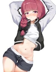 agm_pm0 belly_button blush bocchi_the_rock! hiroi_kikuri laying_down looking_at_viewer lying lying_on_back midriff nervous pants_pull shirt_lift shirt_up shorts shorts_down shorts_pull small_breasts thin_waist