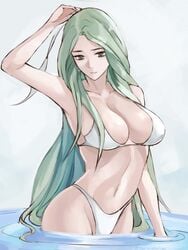 bikini breasts cleavage female fire_emblem fire_emblem:_three_houses green_eyes green_hair hand_in_hair highleg highleg_bikini large_breasts long_hair navel partially_submerged rhea_(fire_emblem) swimsuit the_kingduke tommietomm toned wading water white_bikini