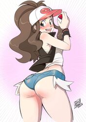1girls 2019 aged_up ass ass_blush ass_focus back big_ass blue_eyes blush brown_hair clothed clothes cowboy_shot dated denim_shorts embarrassed eye_contact female female_only from_behind game_freak gradient_background hat high_ponytail hilda_(pokemon) holding_poke_ball hotpants human light-skinned_female light_skin long_hair looking_at_viewer looking_back midriff nintendo open_mouth pale-skinned_female pale_skin pink_background poke_ball pokemon pokemon_bw ponytail pose raysama shirt shorts sidelocks signature smile solo standing sweatband tank_top teeth text thick_thighs thigh_gap thighs tight_clothing tight_shorts tongue vest watermark wide_hips