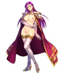 1girls big_breasts brunnya_(fire_emblem) cape edit fire_emblem fire_emblem:_the_binding_blade fire_emblem_heroes gloves heels inverted_nipples nintendo nude nude_filter official_art purple_hair shoulder_pads stockings