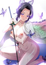 :p big_breasts blush breasts butterfly butterfly_hair_ornament cum cum_on_breasts demon_slayer ejaculation female female_only haori kimetsu_no_yaiba kochou_shinobu licking_lips looking_at_viewer naughty_face nipples onigirikun pubic_hair purple_hair smile solo sword tongue tongue_out