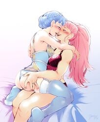 2girls blue_hair blush bramblefix female female_only fire_emblem fire_emblem:_three_houses hilda_valentine_goneril lesbian light-skinned_female light_skin lingerie marianne_von_edmund married married_couple multiple_girls nintendo on_bed pink_hair pink_nails ring stockings thighhighs wedding_ring yuri