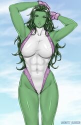 1girls abs big_breasts elee0228 female female_only gloves green_eyes green_hair green_skin hulk_(series) leotard long_hair marvel marvel_comics sayori777 she-hulk solo thighs toned toned_female