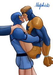 anal anal_sex ass bara blonde_hair blue_beetle booster_gold costume cum cum_inside dc dc_comics dick gay jla justice_league male mephisto mephisto(artist) muscle pants spandex superhero ted_kord tights underpants underwear