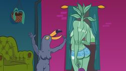 anthro ass_cleavage bird booty_shorts bottomwear butt_crack clothing draca_(tuca_and_bertie) excited female female_only flora_fauna for_a_head grabbing green_body green_skin nipples object_head plant plant_girl plant_humanoid pussy suntan tanline tanline_peek tanlines topless toucan tuca tuca_and_bertie vector vector_art