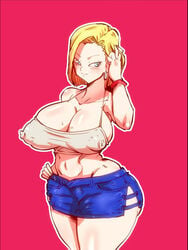 1girls adjusting_hair android_18 ass big_ass big_breasts blonde_hair blue_eyes blush bracelet breasts cleavage clothed cowboy_shot crop_top denim_skirt dragon_ball dragon_ball_z earrings eyelashes female female_only front_view hand_on_hip hoop_earrings hourglass_figure huge_breasts human magenta_background midriff milf miniskirt nipple_bulge puffy_nipples rickert_kai shiny_skin short_hair shounen_jump side_slit simple_background skimpy skindentation skirt smile solo standing sweat tank_top thick_thighs wide_hips