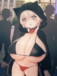 3d 3d_(artwork) areolae big_breasts blush bra breasts city female high_heels hoodie huge_breasts jeff_the_killer_(ai) light_skin looking_at_another lucas_kostaway massive_breasts nipple_bulge pale_skin panties street thick_thighs