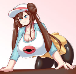 1girls aged_up alternate_breast_size aqua_eyes bent_over big_breasts black_leggings blue_eyes blush breasts breasts_bigger_than_head brown_hair cleavage clothed double_bun female female_only fully_clothed grin hanging_breasts hat huge_breasts human large_breasts leggings long_hair nintendo pantyhose pink_background pokemon pokemon_bw2 rosa_(pokemon) shiny_skin shirt skirt smile solo tailzkim teeth thick_thighs thigh thigh_gap thighs twintails wide_hips