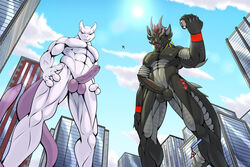 2boys abs anthro anthrofied bara black_skin building city dragon eye_contact feline furry giant half-closed_eyes hi_res iudicium86 legendary_pokémon looking_at_viewer looking_down macro male male_only mewtwo muscular muscular_male nintendo nipples nude original_character penis plane pokemon pokemon_(species) pokemon_rgby purple_fur scalie sky tail tattoo testicles thick_thighs thigh_gap video_games