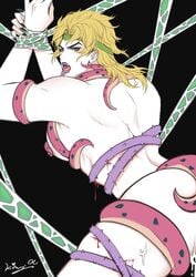 1boy 2020 arm_grab armpits arms_up ass back blonde_hair blood bondage bound bound_wrists cum cum_drip cum_on_lower_body dio_brando fangs green_headband headband heart hermit_purple hierophant_green highres injury jojo's_bizarre_adventure king.cc leg_grab looking_back male matching_hair/eyes muscles muscular muscular_male nipple_tweak nipples nude open_mouth questionable_consent restrained signature stand_(jjba) stardust_crusaders suspended suspension teeth tentacle thick_thighs thighs tongue tongue_out torso_grab vampire wounded yaoi yellow_eyes