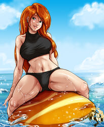 1girls 7th-heaven big_breasts bra breasts cleavage disney female female_only kim_possible kimberly_ann_possible large_breasts looking_at_viewer ocean solo spread_legs surfboard