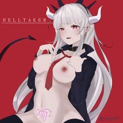 absurdres artist_request bangs bare_chest bare_shoulders bare_thighs between_breasts black_suit black_tail blush breasts business_suit commentary_request demon demon_girl demon_horns demon_tail eyebrows_visible_through_hair female formal grin helltaker highres horns long_hair lucifer_(helltaker) mole mole_under_eye navel necktie necktie_between_breasts neckwear nipples nude open_mouth red_background red_eyes shirt silver_hair simple_background smile smirk solo_focus suit tail teeth uncensored wet_jacket white_horns