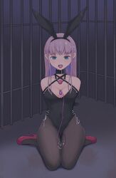 animal_ears arms_behind_back ball_gag bangs bare_shoulders bars between_breasts black_leotard blue_eyes bondage bound bound_arms breasts bunny_ears bunny_girl bunnysuit character_request cleavage collar commentary_request covered_navel cum cum_in_mouth cum_on_body cum_on_breasts cum_on_hair cum_on_lower_body cum_on_upper_body cumdrip drooling eyebrows_visible_through_hair facial fake_animal_ears female femsub gag gag_around_neck gag_bondage gag_removed high_heels highres kneeling leotard long_hair medium_breasts monoglove open_mouth original oyakomastar pantyhose pink_footwear pink_hair remote_control_vibrator restrained saliva sidelocks sitting solo strapless strapless_leotard vibrator wariza