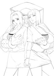 1boy 2girls bbw beard big_breasts black_and_white bob_cut bracelets breast_grab breast_squeeze busty clothing dark-skinned_male facial_hair female fully_clothed goatee grope groping group hand_on_breast headwear interracial large_breasts looking_at_viewer mabui male moustache naruto naruto_(series) naruto_shippuden ponytail raikage samui short_hair sketch skirt standing straight threesome tied_hair xshuai