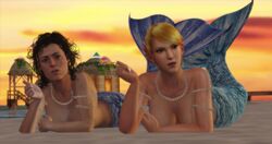 2girls 3d alien_(franchise) alien_(movie) blonde_hair blue_tail crossover eastern_and_western_character ellen_ripley green_eyes holidays jc-starstorm lying mermaid mermaid_tail metroid necklace nintendo pearls samus_aran sunset