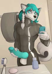 anthro balls canid canine canis genitals knot male male_only mammal marcelo_wolf mirror penis phone rubber selfie solo spinal22 wolf