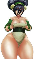 alternate_breast_size avatar_the_last_airbender big_breasts black_hair blue_eyes clothing dress female female_only hair_bun hourglass_figure large_breasts long_hair lyn_nyl solo solo_female solo_focus straight_hair thick_thighs toph_bei_fong