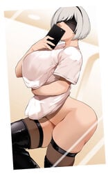 android bakkanki big_breasts blindfold female female_only nier nier:_automata short_hair skindentation solo solo_female solo_focus white_hair yorha_2b