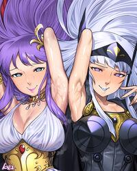 2girls 555carpaccio armor armpits athena_(saint_seiya) big_breasts breasts dress duo female goddess human long_hair pale-skinned_female pale_skin polaris_hilda purple_hair saint_seiya saori_kido shounen_jump