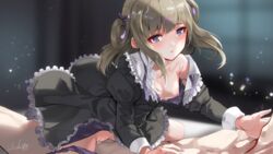 black_dress gray_hair hair_ornament loose_bra maid_uniform panties_around_leg tagme