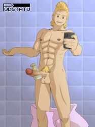 bara bathroom blonde_hair blonde_pubic_hair camera camera_phone male male_focus male_only mirio_togata muscles my_hero_academia phone podstatu shampoo shampoo_bottle shampoo_challenge taking_picture towel