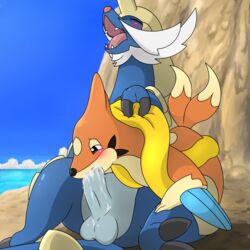 1:1 ambiguous_gender bent_over blush bodily_fluids cliff cloud cptn cum cum_in_mouth cum_inside duo ejaculation fellatio feral floatzel furry genital_fluids genitals grabbing_from_behind hi_res looking_pleasured lutrine male mammal marine mustelid nintendo open_mouth oral penile penis pinniped pokémon_(species) pokemon pokemon_(species) rock samurott seaside sex sitting sky spread_legs spreading video_games