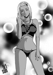 big_breasts bikini blonde_hair dark-skinned_female earrings female_only hair_ornament hi_res inviting jewelry large_breasts long_hair looking_at_viewer monochrome navel necklace open_mouth ring rosario+vampire sandertulk seductive shuzen_gyokuro smile standing vampire wedding_ring