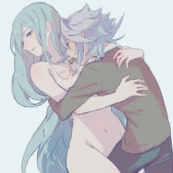 1boy 1girl 1girls aisutabetao azura_(fire_emblem) azurrin biting blue_hair clothed_male_nude_female corrin_(fire_emblem) corrin_(male)_(fire_emblem) cousins dominant_male fire_emblem fire_emblem_fates hetero hug imminent_penetration incest jewelry long_hair necklace nude nude_female pointy_ears protected_link red_eyes simple_background straight submissive_female very_long_hair white_background white_hair yellow_eyes